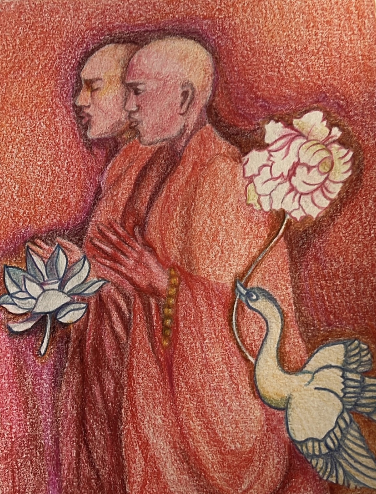 Colored pencil drawing of two monks in saffron robes with a lotus, peony and crane