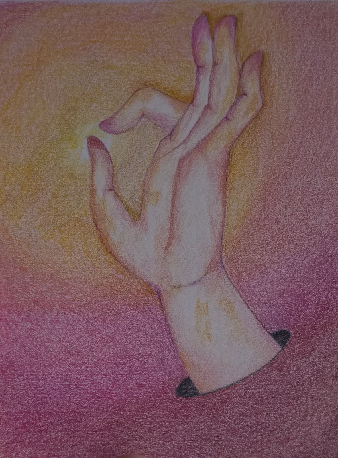 Colored pencil study of a hand held in a mudra against warm pink and gold