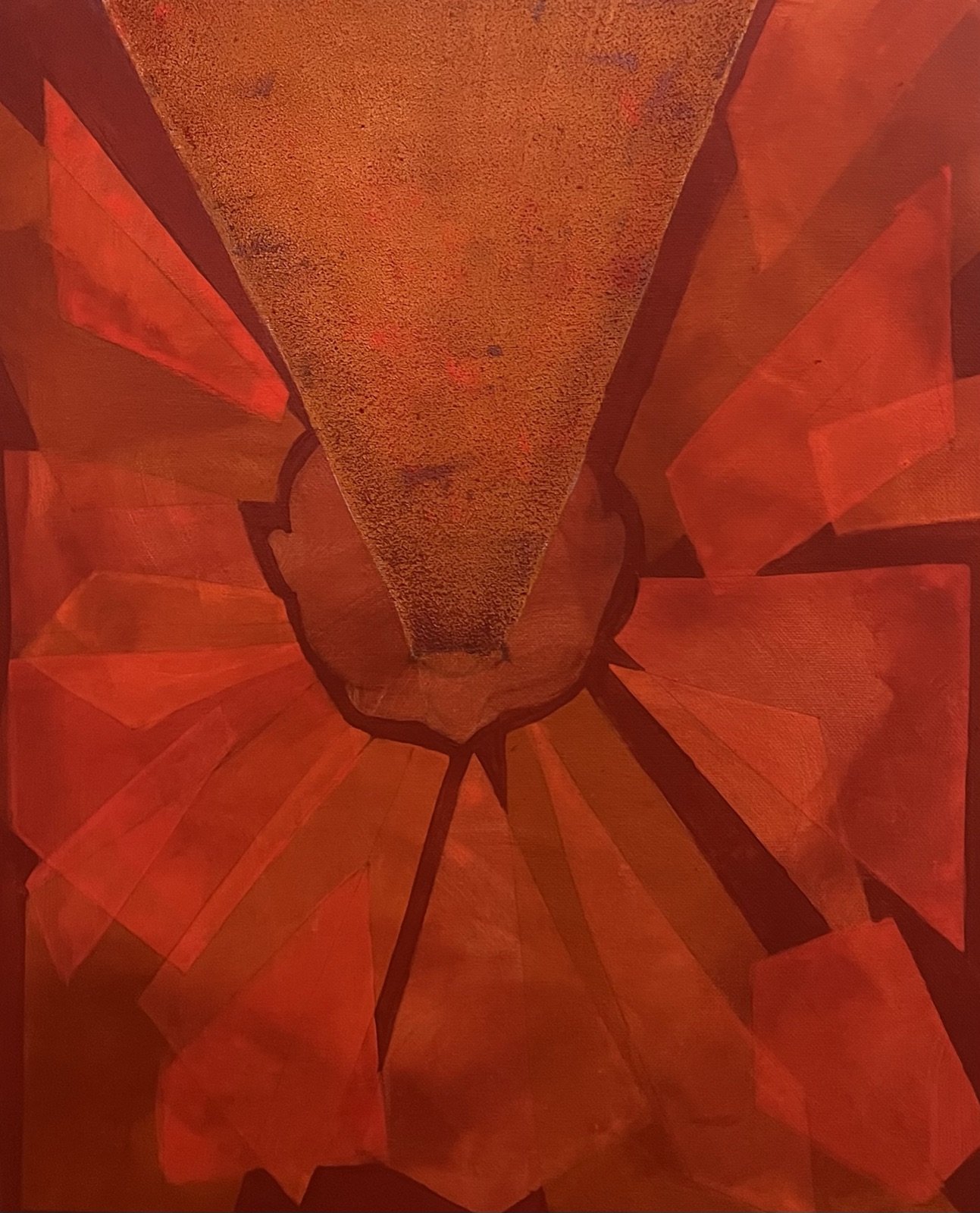 Abstract acrylic painting of radiating red and orange facets