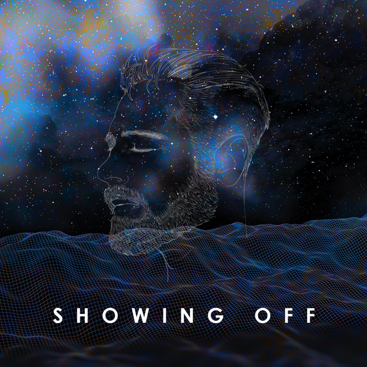 Album cover: line-drawn portrait against a starfield and wireframe landscape