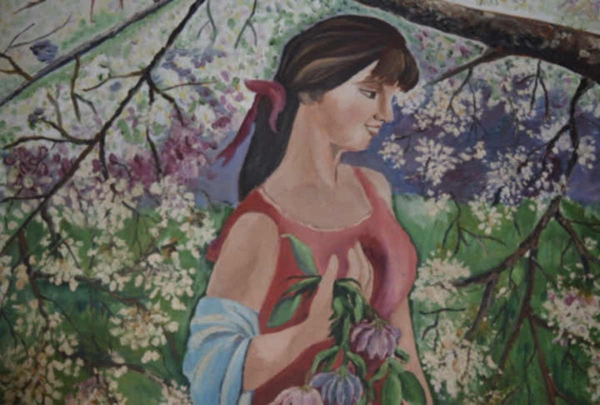 Oil painting of a woman in red beneath blossoming branches
