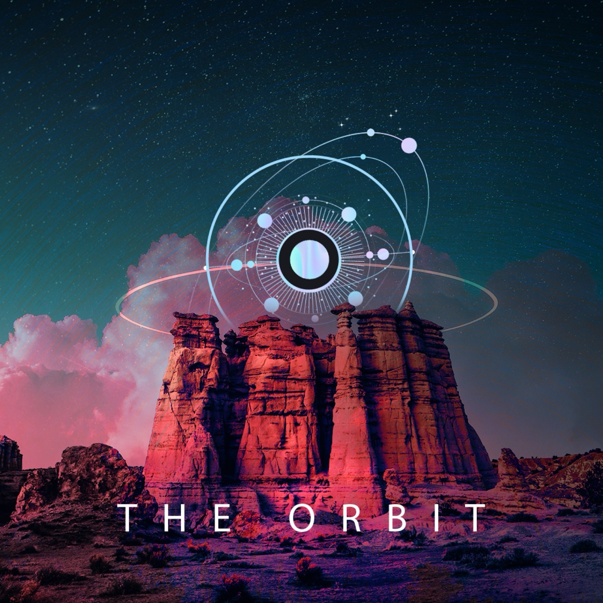 Album cover: desert rock formations under an orbital diagram and starfield