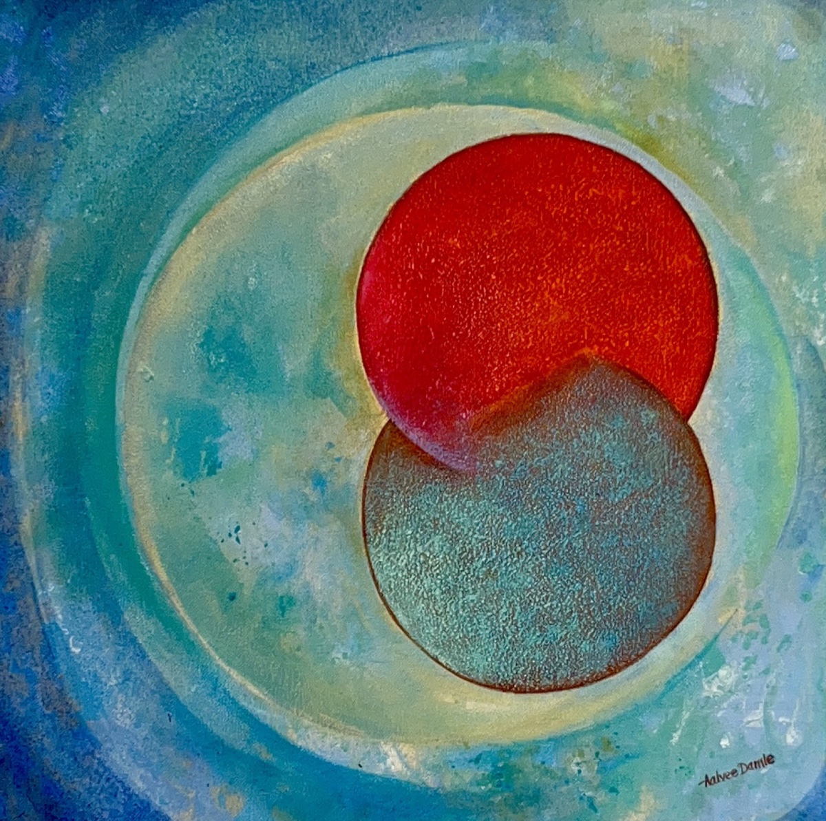 Abstract acrylic painting of a red and a teal circle overlapping on turquoise