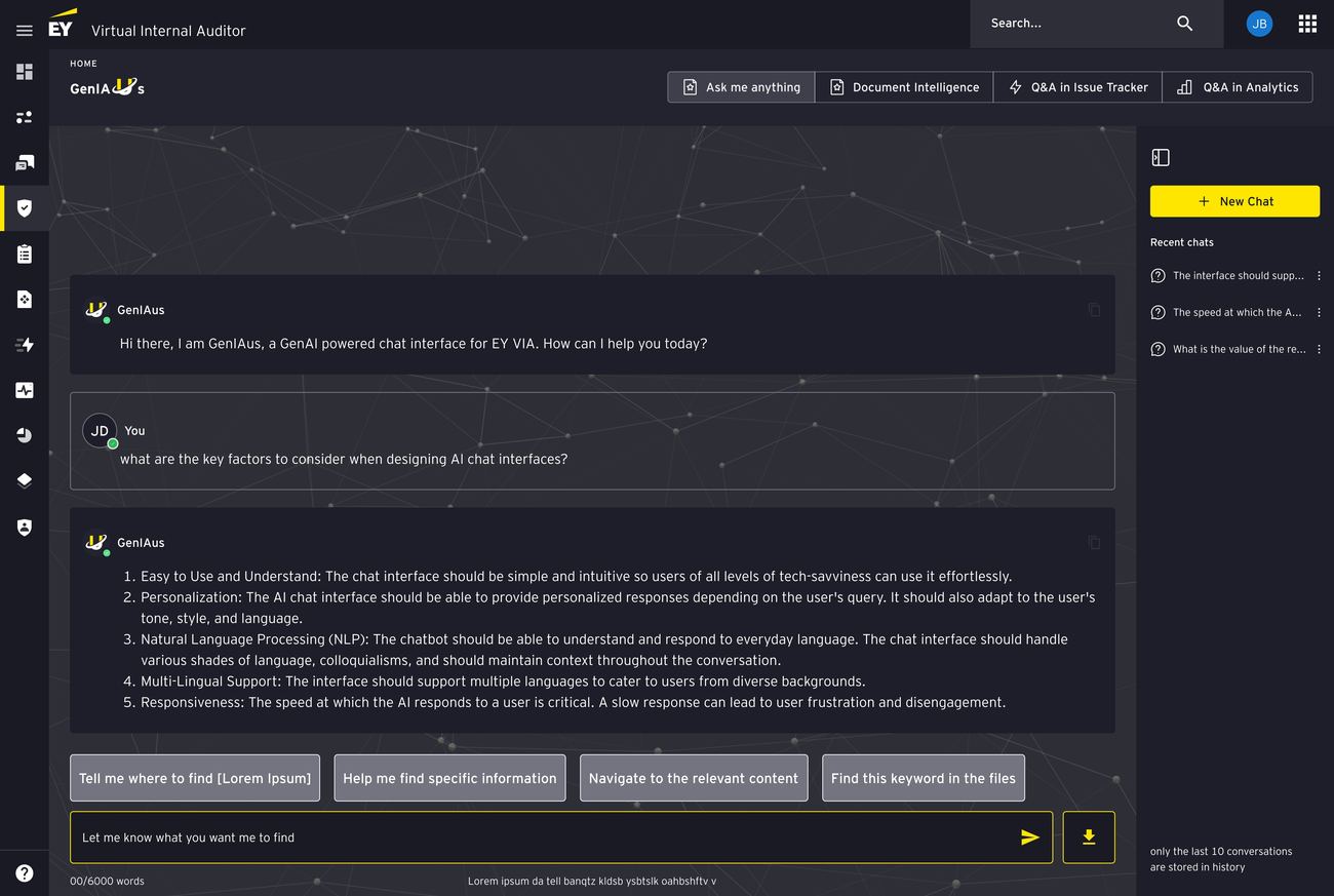 Conversation history sidebar with recent chats and New Chat button