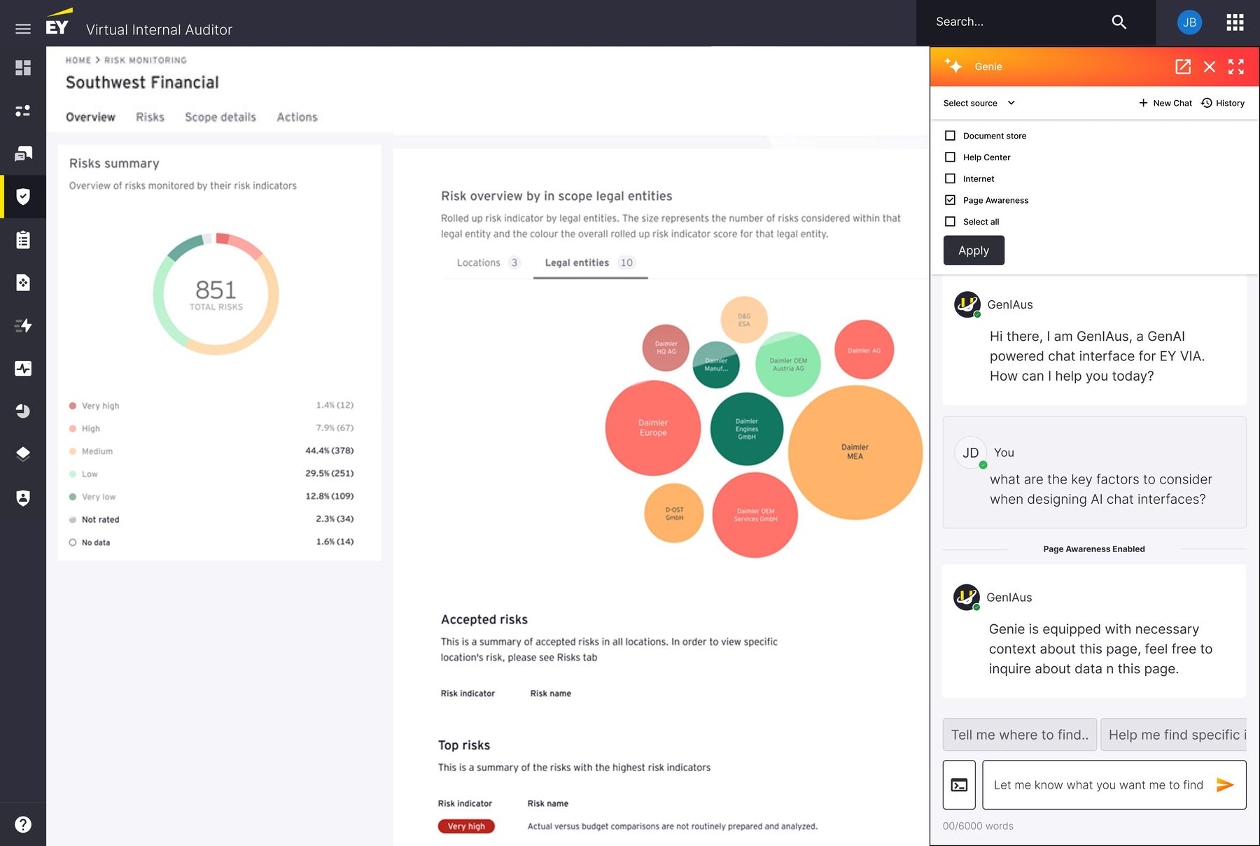 Page Awareness Enabled badge mid-conversation, with Genie acknowledging it has context about the current dashboard