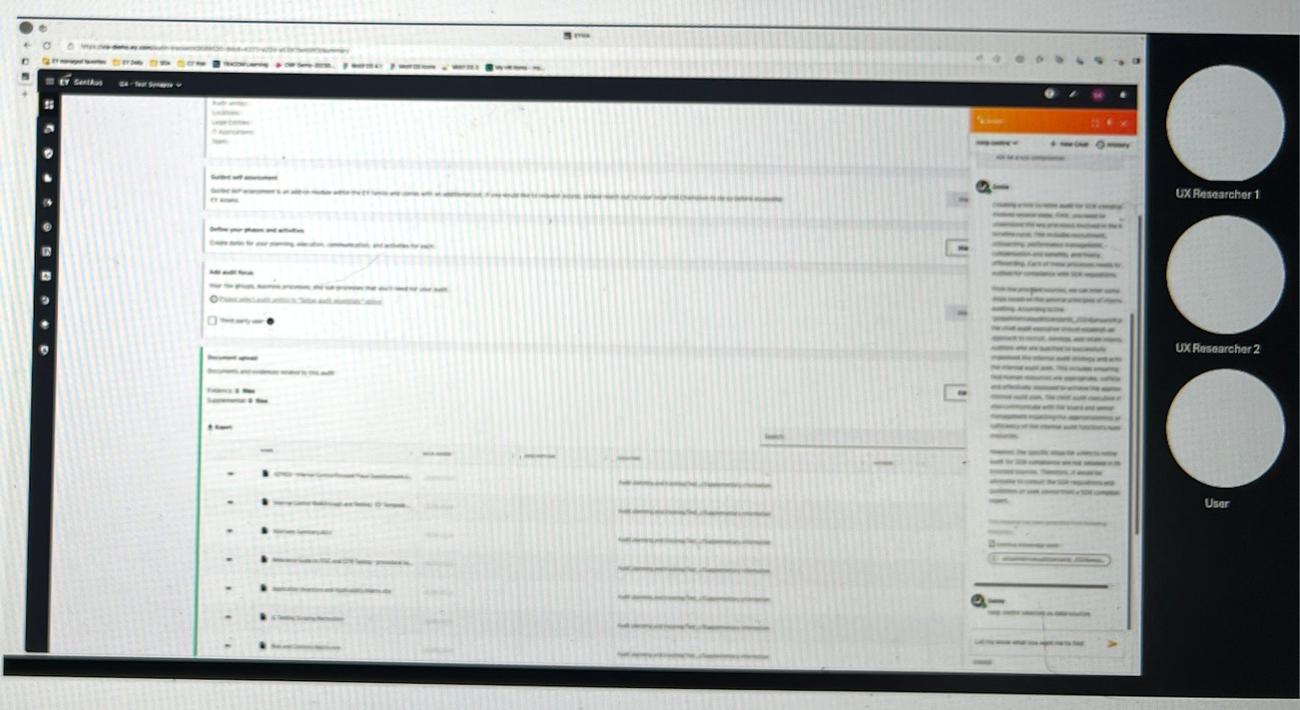 Screenshot of remote usability testing session — multiple researchers observing a participant interact with Genie inside VIA on a shared screen
